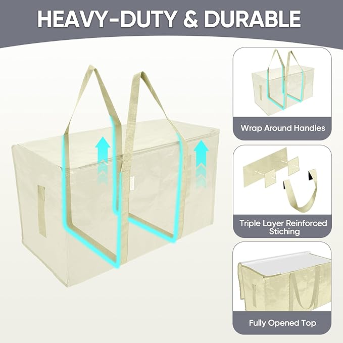TICONN 8 Pack Extra Large Moving Bags with Zippers & Carrying Handles, Heavy-Duty Storage Tote Moving Boxes for Space Saving (8 Pack, Cream)