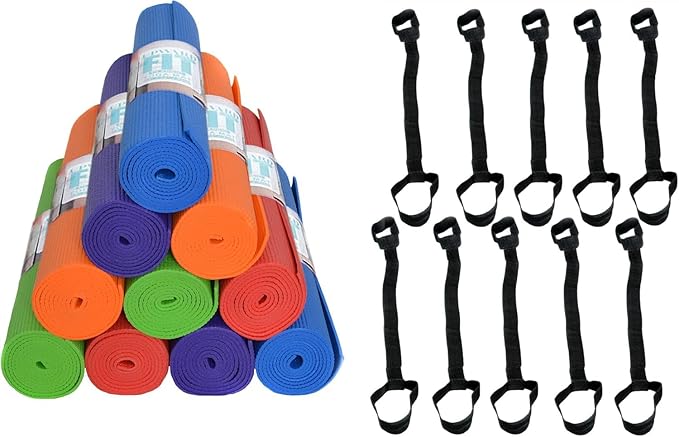 10-Pack Classic Yoga Mat With Carrying Strap, 68" x 24" Non Slip Exercise Mat, 4mm Thick Fitness Mat, Anti-Tear, Bulk Yoga Mats for Home Workout, Gym, School, or Studio