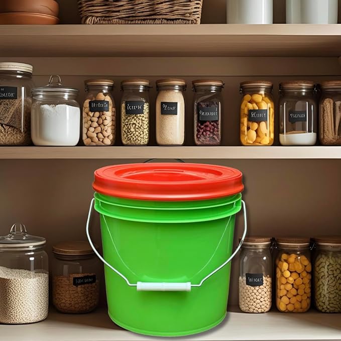 House Naturals 2 Gallon Food Grade - BPA Free Made in USA Buckets Lime Color pails with Screw On Gasket Lids (5, Lime - Red lids)