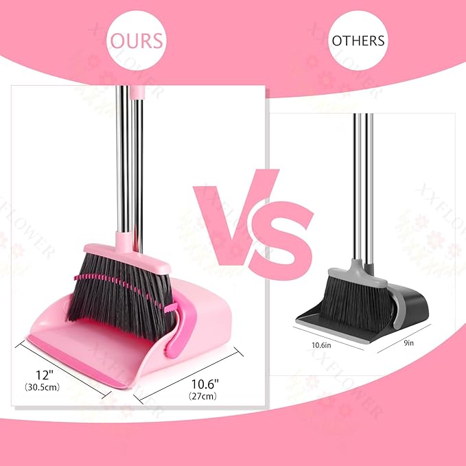 XXFLOWER Broom and Dustpan Set, Dustpans with Broom Combo for Home, Heavy Dust Broom and Dustpan Combo, Long Handle Dust Pan and Broom Set for Kitchen, Office, Pet Hair,Pink, Pack of 1
