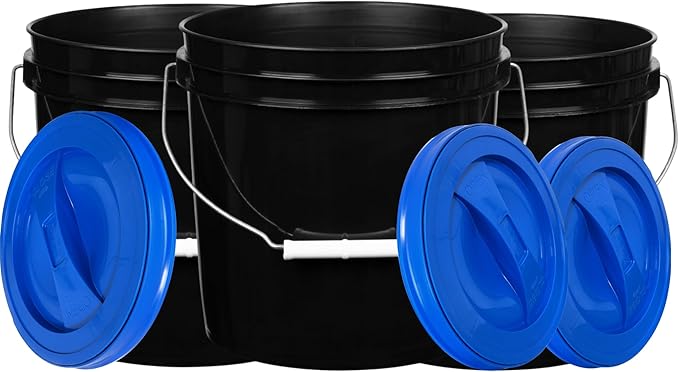 House Naturals 2 Gallon White Bucket with Screw on Lid - Pack of 3 Made in USA contrainers (Black Buckets with Blue Lids)