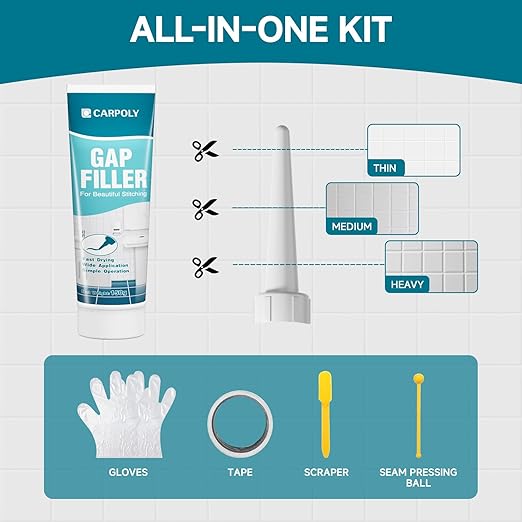 CARPOLY Tile Grout Repair Kit, White Grout Filler for Bathroom, Kitchen, Rstore & Renew Tile Joints Line, Triple Protection, Fast Drying Shower Grout with Tools(White, 5.29oz/150g)