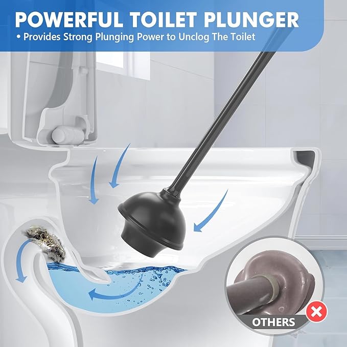 Toilet Plunger and Brush with Holder, Bowl Brush and Heavy Duty Toilet Plunger Set with Ventilated Holder, 2-in-1 Toilet Brush and Plunger Combo for 5.3-inch Toilet Drain New Pack