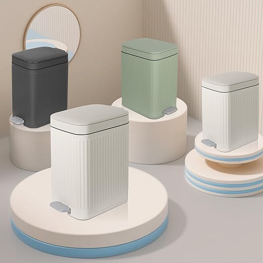 rejomiik Small Bathroom Trash Can with Lid 1.9 Gallon Step Trash Can Slim Garbage Can with Soft-Close Waste Bin for Bathroom, Bedroom, Office, Dorm, RV, Off-White