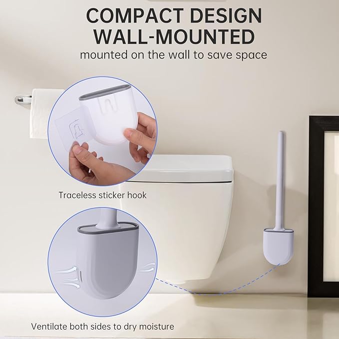 Small Silicone Toilet Brush with Crevice Brush-Silicone Bristles, Gentle on Toilets | Bathroom Accessories for RVs, Trailers, Campers | Anti-Roll, Anti-Drip Wall-Mounted Design for Travel