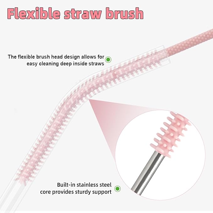 TenderBloom Silicone Straw Cleaner Brush, 4-Piece Reusable Straw Brush Set with Extra-Long Design for Cleaning Thin Metal Straws and Wider Milkshake Straws （6mm+9mm Pink)