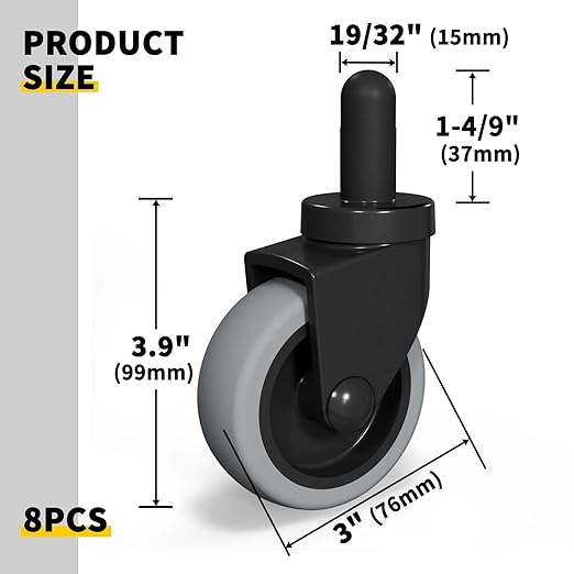 AAGUT Mop Bucket Replacement Casters 3" Set of 8 fits Rubbermaid Commercial Models & WaveBrake, Swivel Bayonet Caster Wheels, Thermoplastic Rubber Black (Floor Safe)