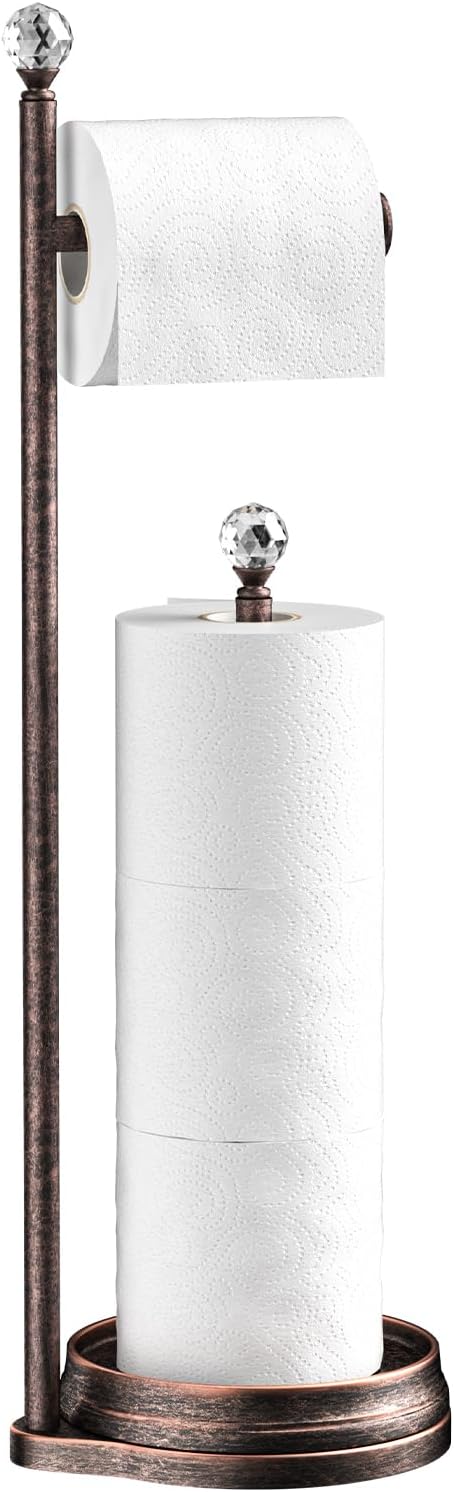 KASUNTO Toilet Paper Holder for Bathroom, Heavy Weighted Metal Free Standing Toilet Paper Holder Stand with Crystal Ball, Toilet Paper Roll Stand for Bathroom Accessories (Oil Rubbed Bronze)