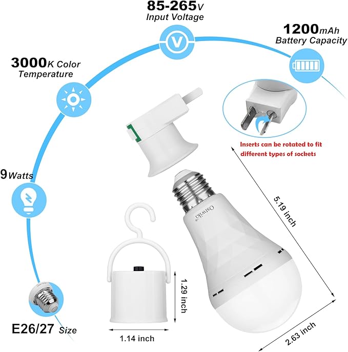 10 Pack Rechargeable Light Bulbs, Emergency Light Bulbs for Power Outage Hurricane Camping 3000K Warm Light Battery Operated Light Bulb 9W E26 1200mAh Battery Backup Soft Light Bulb for Lamps