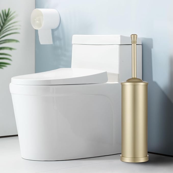 Gold Toilet Brush and Holder Set,304 Stainless Steel Toilet Bowl Brush and Holder for Bathroom,Heavy Duty Toilet Brush,Durable Scrubbing Bristles,Splash Resistant,Long Hanlde