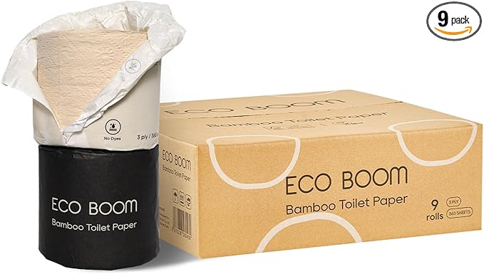 ECO BOOM Toilet Paper 100% Bamboo 3-fly, Plastic-Free & Tree-Free, strong, FSC Certified, Unscented, 9 Rolls, 360 Sheets | PFAS Free, BPA Free & Septic Safe