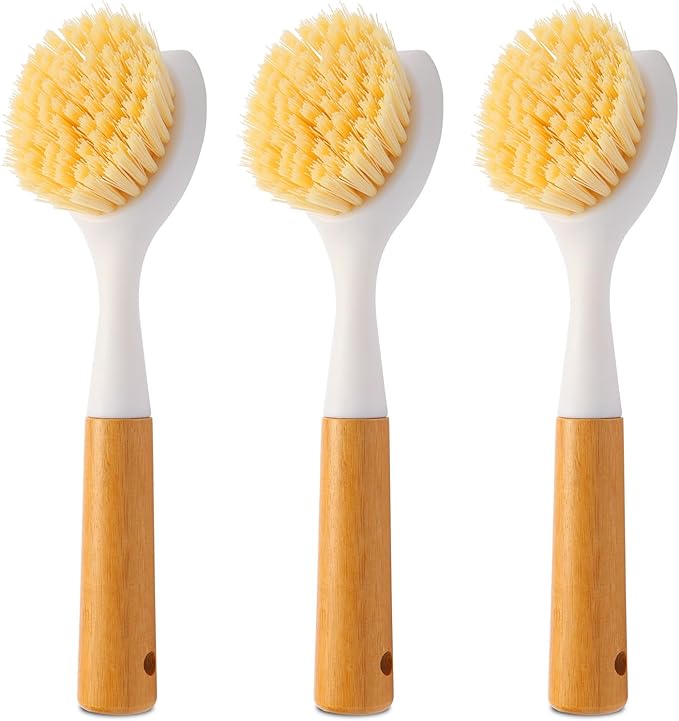 Cooptop 3 Pack Dish Brush Set with Bamboo Handle, Dish Scrubber Built-in Scraper, Kitchen Scrub Brush for Cleaning Cast Iron Cookware, Pans, Pots, Counter & Kitchen Sink (White)