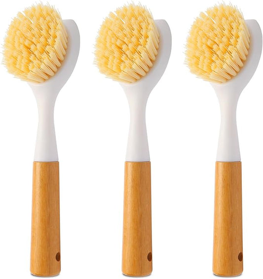 Cooptop 3 Pack Dish Brush Set with Bamboo Handle, Dish Scrubber Built-in Scraper, Kitchen Scrub Brush for Cleaning Cast Iron Cookware, Pans, Pots, Counter & Kitchen Sink (White)