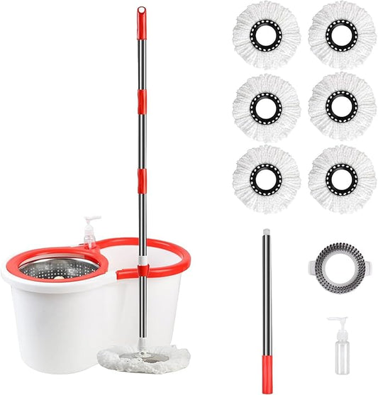 Spin Mop and Bucket with Wringer Set,for Floor Cleaning,with Floor Scrub Brush,61" Adjustable Handle and 6 Microfiber Mop Head(White)