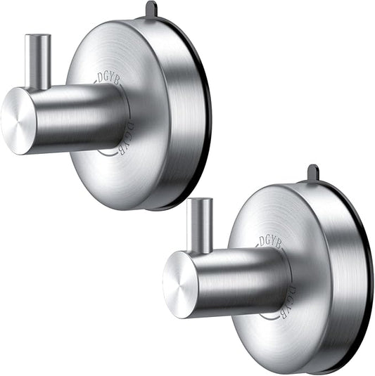 DGYB Suction Cup Hooks for Shower Set of 2 Brushed Nickel Towel Hooks for Bathrooms SUS 304 Stainless Steel Shower Hook for Loofah 15 Lb Bathroom Hook for Towels