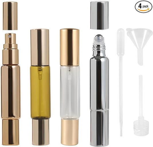 2-in-1 Travel Fragrance Spray and Roller-On Fragrance Bottle - Refillable Perfume Bottles (4 Pack) 10ML Essential Oil Roller, Travel Essentials, Roller-On Fragrance Spray Combo