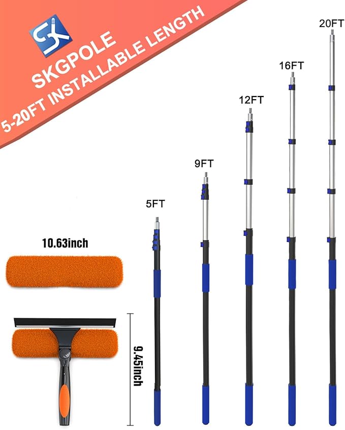 SKGPOLE 26FT Reach Window Squeegee for Window Cleaning Kit with 5-20 Foot Telescoping Extension Pole, 2 in 1 Window Squeegee, Cobweb Duster, Dust Kit Window Washing Kit for Car, Shower Glass Door