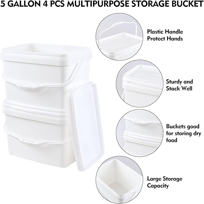 4-Pack 5 Gallon Plastic Rectangular Bucket Pail with Snap Lid, Square Food Bucket Pail Container with Handle, White