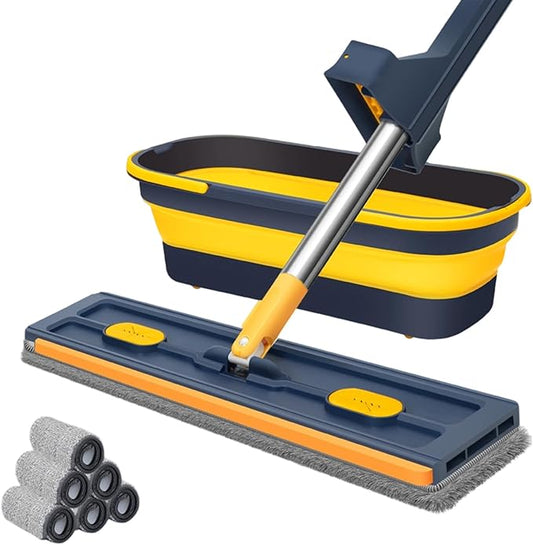 Large Flat Mop with Folding Bucket – Self-Wringing Floor Mop Set with 54" Stainless Steel Handle, 6 Reusable Microfiber Pads, 360° Swivel Head for Home Cleaning on Tile, Wood, Laminate (A-Blue)