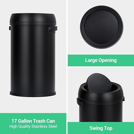 Garvee 17 Gallon/65 Liter Trash Can, Fingerprint-Proof Stainless Steel Swing Top Garbage Can, Heavy Duty Commercial Round Trash Bin with Swing Lid for Restaurant, Home, Office, Black