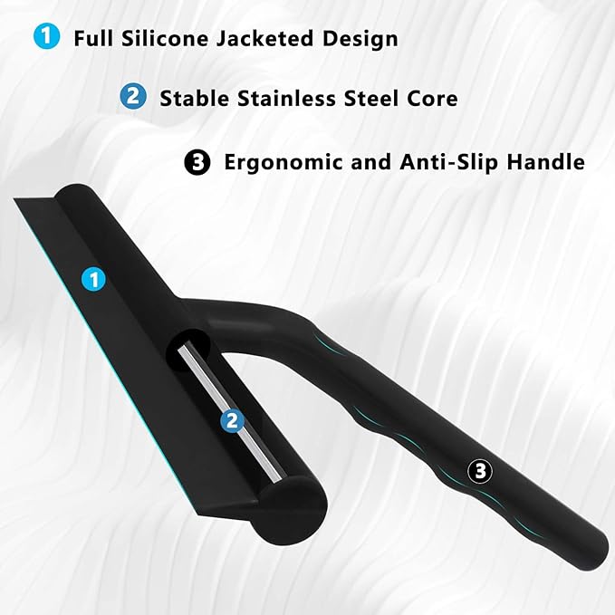 DEOFUXT Shower Squeegee for Glass Doors, Full Silicone Jacketed Squeegee with Ergonomic Handle & No-Drill Hook, Cleaning Tool for Windows, Mirrors, Tiles, Bathroom & Car - Black