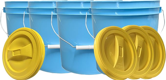 House Naturals 2 Gallon Food Grade Plastic Bucket with Screw on Lids, Made in USA, Pack of 4