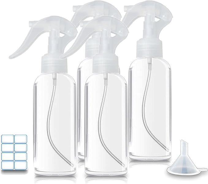 Small Spray Bottles, Hair Spray Bottle 3.5oz/100ml Clear Plastic Fine Mist Travel Size Mini Empty Bottle Set Refillable Reusable Liquid Container for Essential Oils Water Squirt (4 Pack)