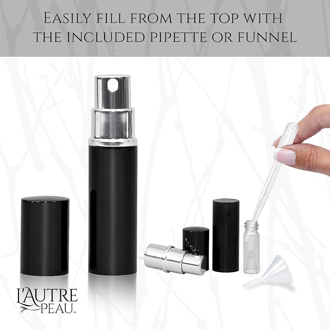 Refillable Perfume & Cologne Fine Mist Atomizers with Metallic Exterior & Glass Interior - Portable Travel Size - 3ml Squeeze Transfer Pipette Included - 4 Pc Pack of 5ml (Silver,Black,Gold,Pink)