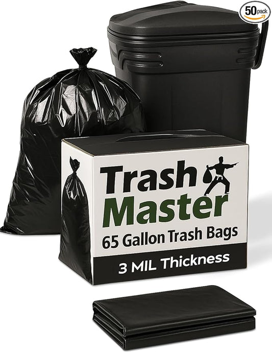 65 Gallon Trash Bags | 50 Bags with Ties | Thick for Large Commercial Jobs | Construction Clean Up | Garbage bags for Yard Clean up - TrashMaster