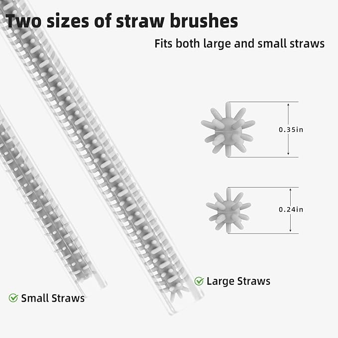 TenderBloom Silicone Straw Cleaner Brush, 4-Piece Reusable Straw Brush Set with Extra-Long Design for Cleaning Thin Metal Straws and Wider Milkshake Straws （6mm+9mm Gray)