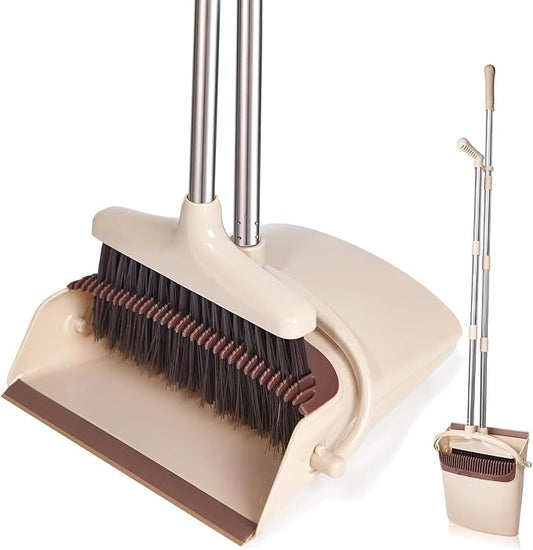 XXFLOWER Broom and Dustpan Set with Long Handle, Light Weight Stainless Steel Poles Stand Upright Dustpans with Broom Combo for Home Kitchen Office Pet Dog Hair, Brown & Beige Color, 1-Pack