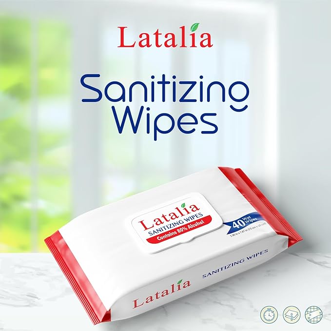 Latalia Hand Wipes Pack of 4 | 80% Alcohol Hand Sanitizer Wipes for Hands & Face Moisturizing, Gentle, Convenient and Fragrance Free (40 Counts)