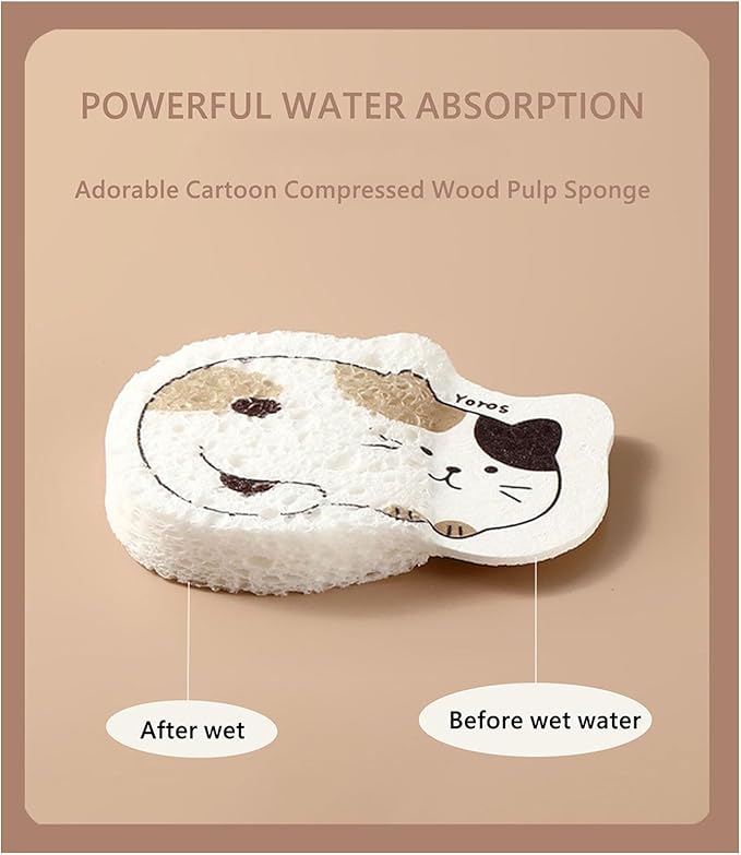 Extra Durable Biodegradable Wood Pulp Cartoon Sponges Compressed - More Durable Than Ordinary, Quick-Absorbing for Kitchen, Bath & Pet Dishes, 4-Pack Cute Cat Shapes, Plant-Based & Odorless