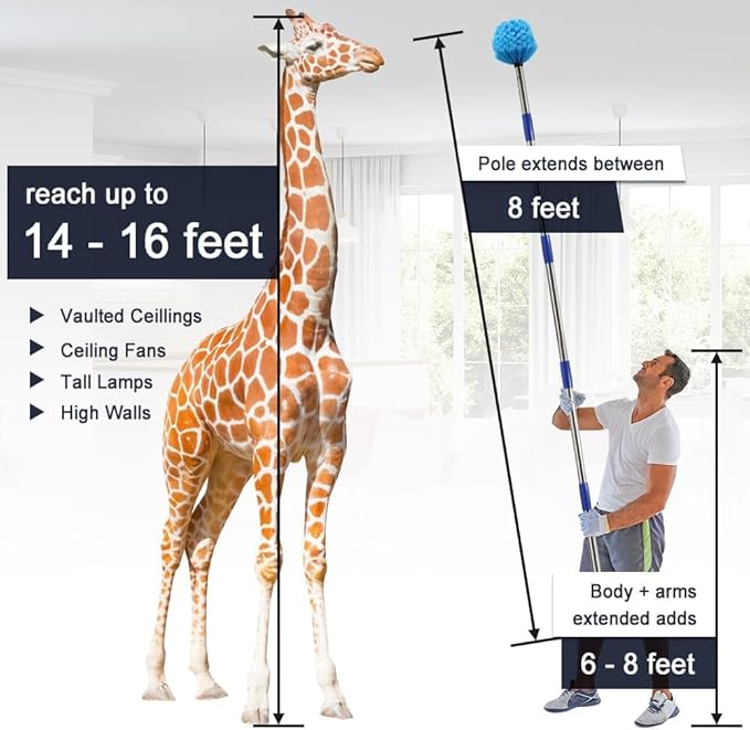 Extended Reach Cobweb Duster with 8-Foot Pole - Medium Bristle Brush for Ceiling, Wall, and Indoor/Outdoor Cleaning, Lightweight Stainless Steel (10FT)
