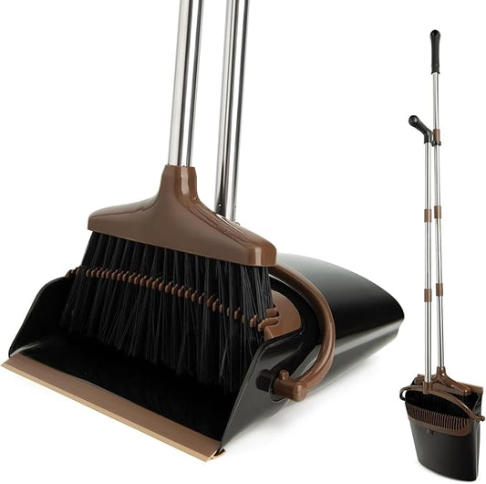 XXFLOWER Broom and Dustpan Set with Long Handle, Light Weight Stainless Steel Poles Stand Upright Dustpans with Broom Combo for Home Kitchen Office Pet Dog Hair, 1-Pack (Black Brown)