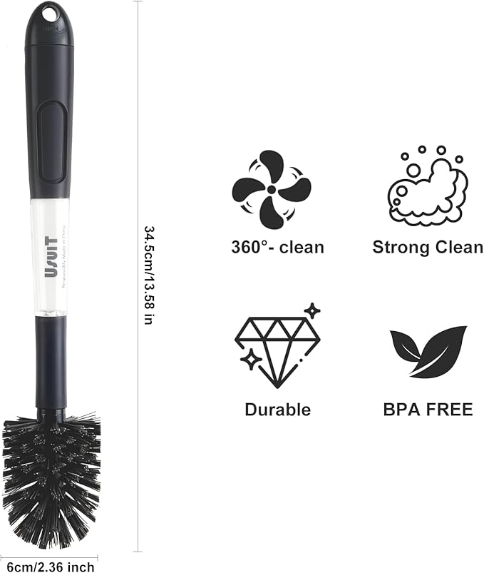 USUIT Comfort Grip Soap Dispensing Bottle Brush, Grey, 2 Pieces (in one Package), Cleaning for Bottles, Pitchers and Carafes
