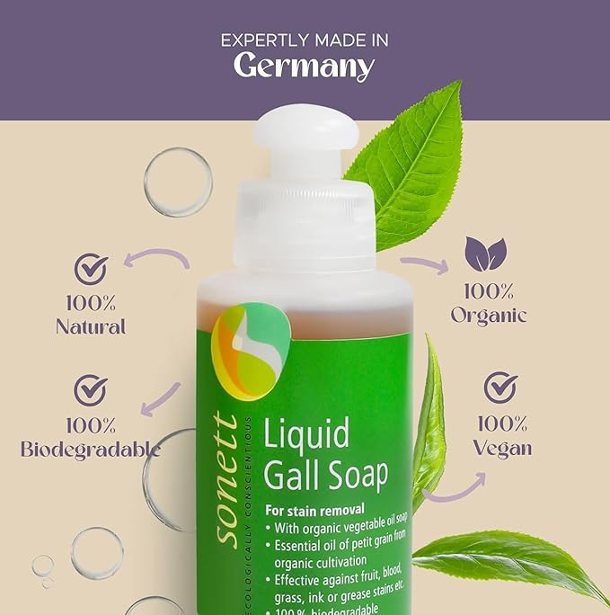 Sonett Organic Traditional Stain Removers Liquid Gall Soap, Highly Effective Against Marks Caused By Ink, Blood, Grease, Fruit (10oz, Pack of 1)