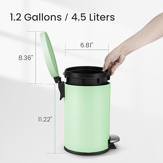 Cesun 1.2 Gallons Small Green Trash Can, Bathroom Garbage Can with Lid and Foot Pedal, Mini Round Wastebasket for Bathroom, Bedroom, Office, 4.5 Liters / 1.2 Gallons, Green