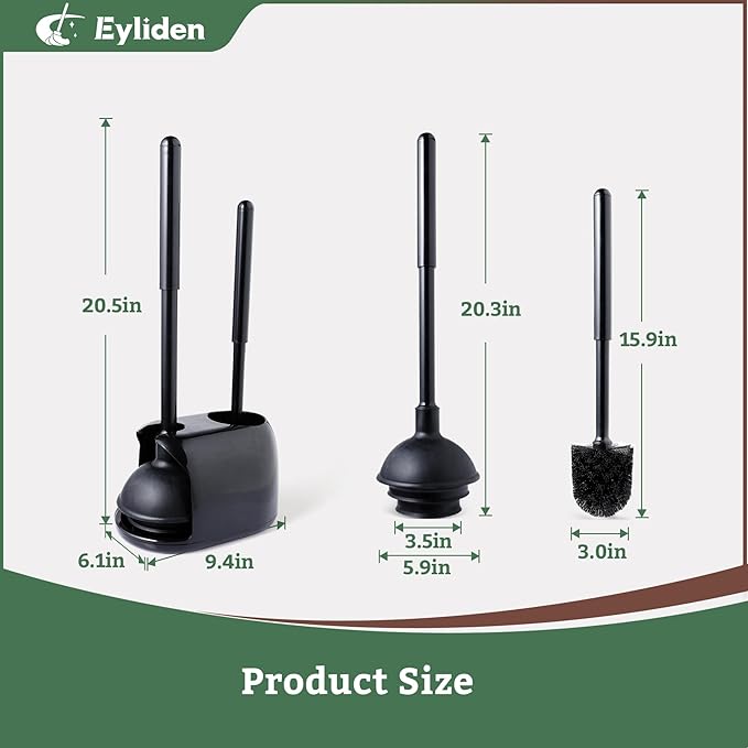Eyliden 2 Pack Toilet Plunger & Brush Set, Upgrade 3-Step Suction Cup - Ultra-Tight Seal, Durable, Space-Saving Toilet Deep Cleaning Combo with Holder, Bathroom Essentials (2 Pack, Black)