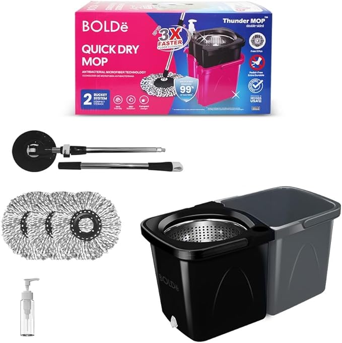 BOLDë Thunder Mop Spin System - Double-Sided - 2 Compact Stackable 6L Buckets, Microfiber Head, Stainless Steel Wringer, Antifungal Quick-Dry Cleaning, Soap Dispenser, 3 Free Refills (Black/Grey)