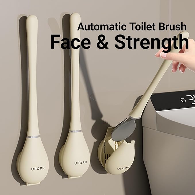 Flexible Silicone Toilet Brush and Holder Set Wall Mounted, Auto Closing TPR Brush Head for Deep Cleaning, Space Saving Bathroom Essentials with Adhesive Mounts (No Drilling) (1, White Milk)