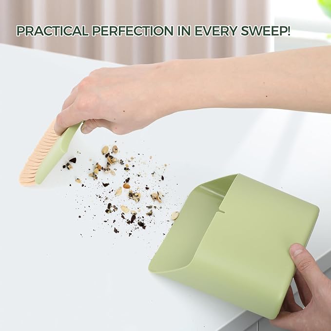 SAYAPE Small Broom and Dustpan Set, Portable Hand Whisk Broom Brush, Mini Hanging Trash Can, Soft Bristle Household Brooms with Dust Pan Combo Set for Cleaning Home, Desktops - 2 Pack (Green+Orange)