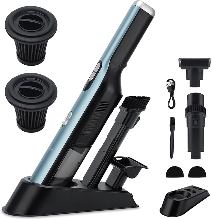 VACFAM Handheld Cordless Vacuum Cleaner, Portable Car Vacuum with 18KPa Suction Power, Quick-Charge Hand Vac with LED Headlight & Storage Dock for Home Office Desk Keyboards Pet Hair, Blue