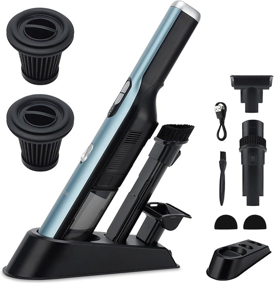VACFAM Handheld Cordless Vacuum Cleaner, Portable Car Vacuum with 18KPa Suction Power, Quick-Charge Hand Vac with LED Headlight & Storage Dock for Home Office Desk Keyboards Pet Hair, Blue