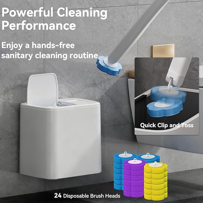 Dexmary Disposable Toilet Brush Set with Holder, Angled Cleaning Wand with 24 Refill Heads, Wall-Mounted Hygienic Toilet Cleaner (Ocean, Lemon, Lavender Scents)