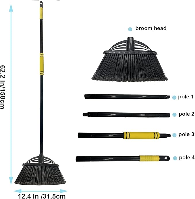 Xifando Four-Section Rod Long-Handled Broom,Heavy-Duty Broom, Angle Broom for Outdoor/Indoor（Black+Orange）