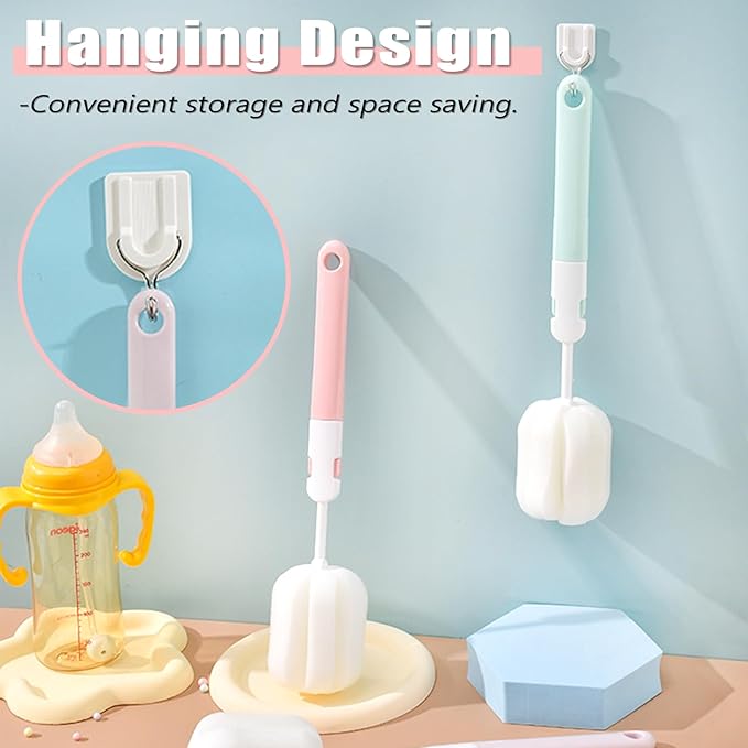 Sponge Bottle Brushes 4 Piece Baby Bottle Brushes Long Handle Cup Scrubber Brush Portable Sponge Bottle Cleaning Brush (4PCS)