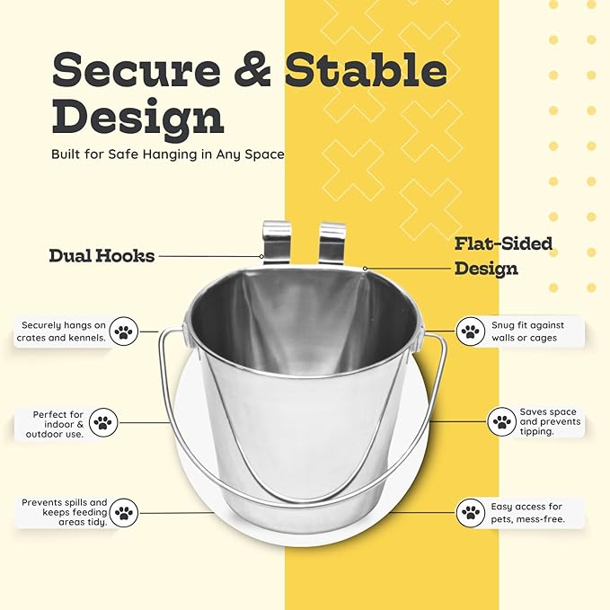 1 Quart Stainless Steel Flat Sided Bucket with Dual Hooks | Durable Food & Water Bowl for Dog Cat Bird & Small Animals | Fits kennel Cage Critter Crate Hanging Pet Pail | Multipurpose use