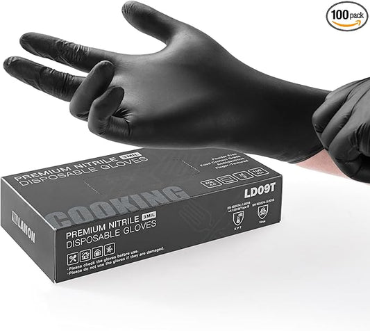 LANON Food Safe Disposable Nitrile Gloves, Latex-Free, Powder-Free, Silicone-Free, Textured Fingertips, Cooking, Black，X-Large