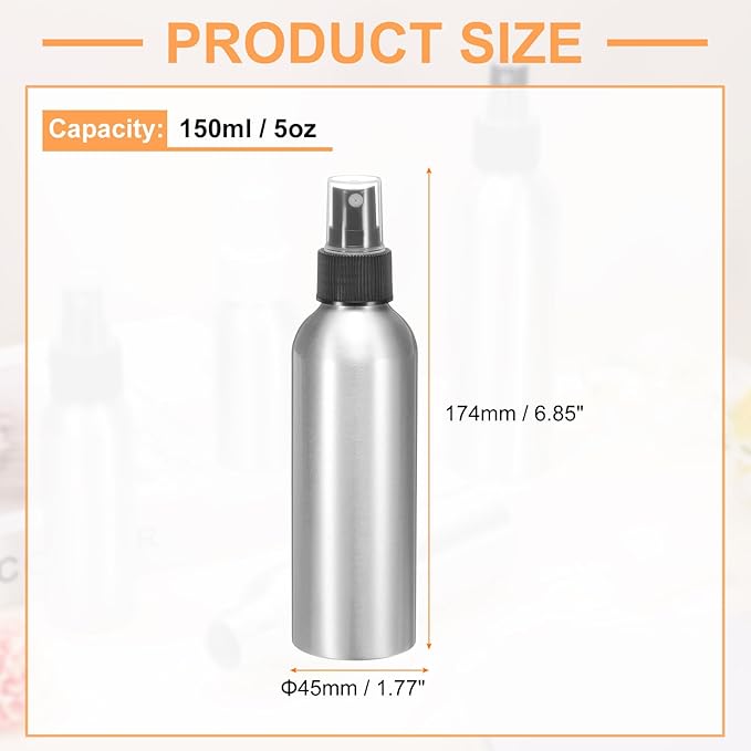 HARFINGTON Aluminum Fine Mist Spray Bottles 150ml/5oz Metal Small Liquid Alcohol Refillable Travel Container with Black Plastic Nozzle Cap for Perfume Skincare Cosmetic Storage Bottle